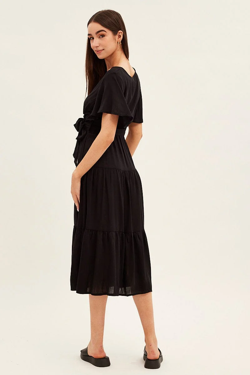 Black Tie Waist Tiered Midi Dress