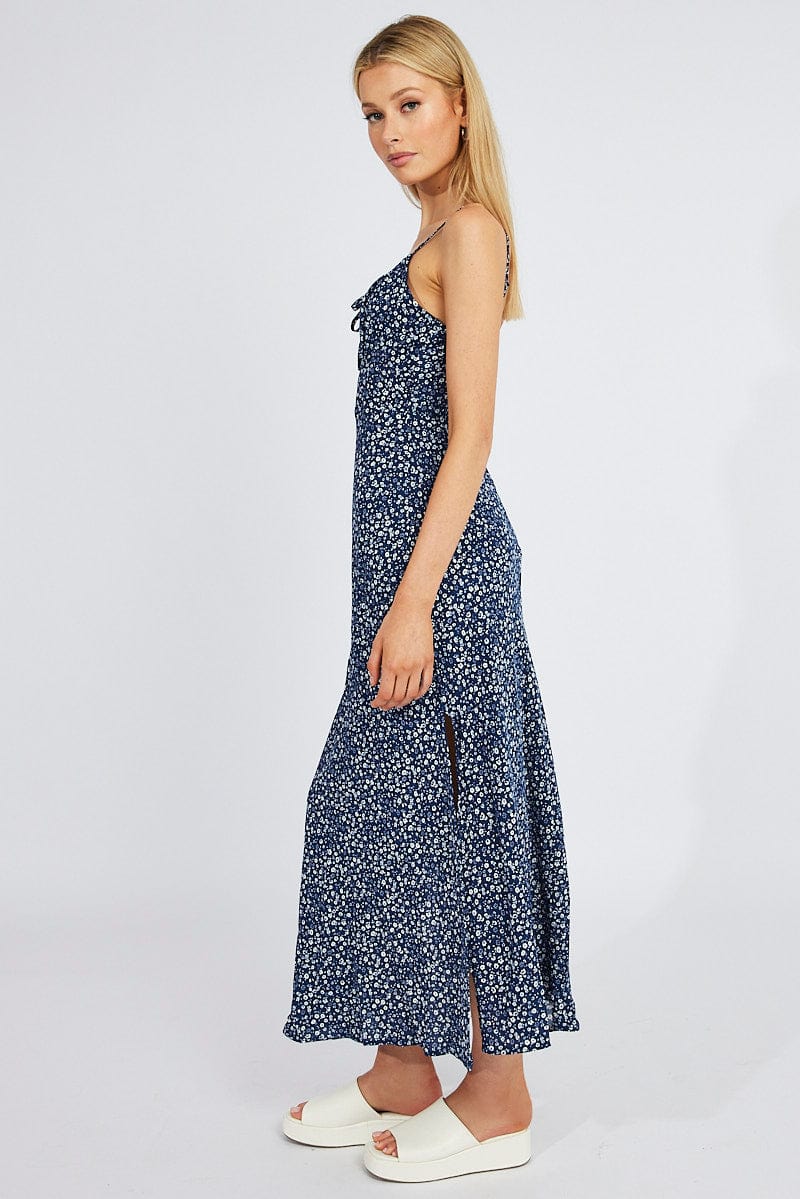 Blue Floral Midi Dress Gathering Bust Sleeveless