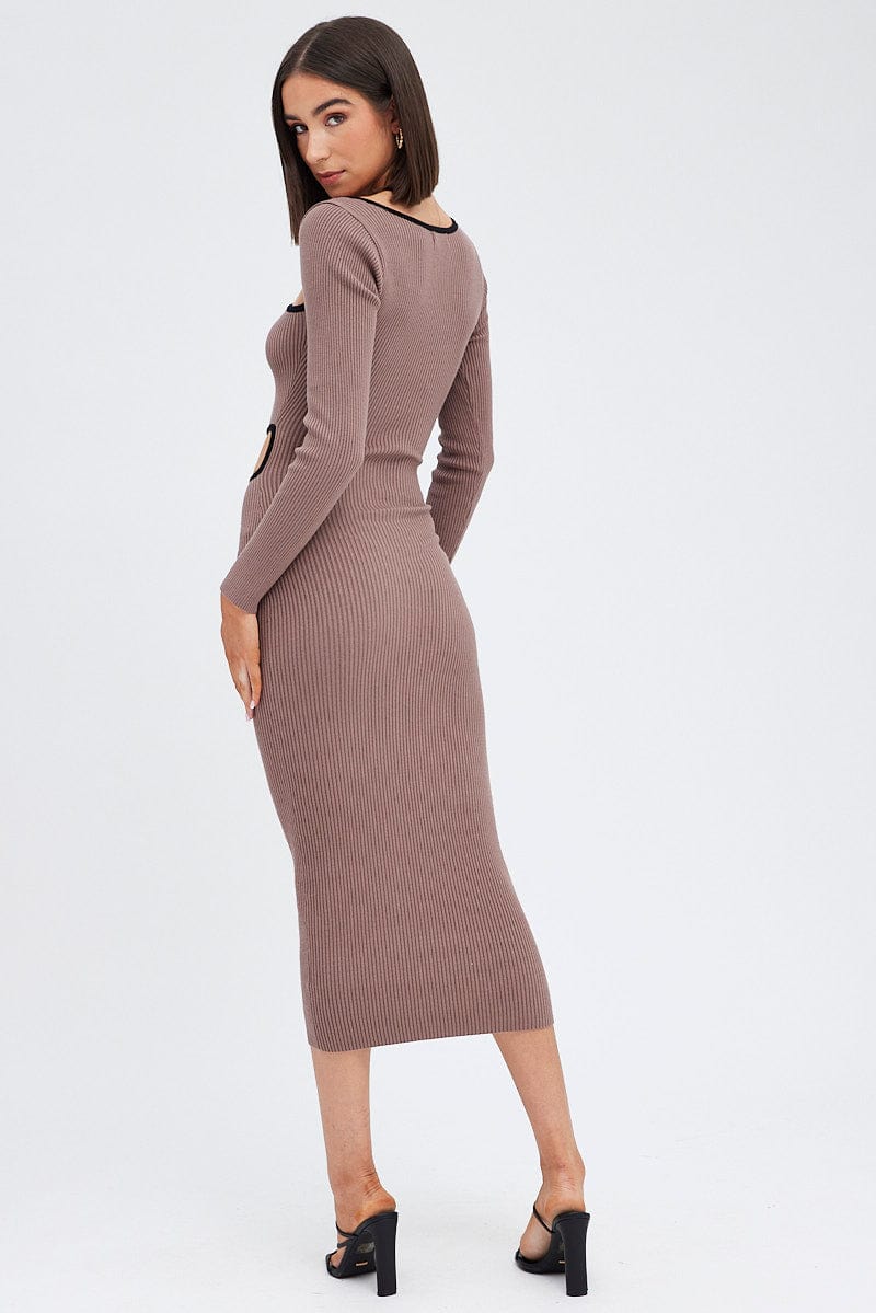 Brown Knit Dress Midi Long Sleeve Cut Out