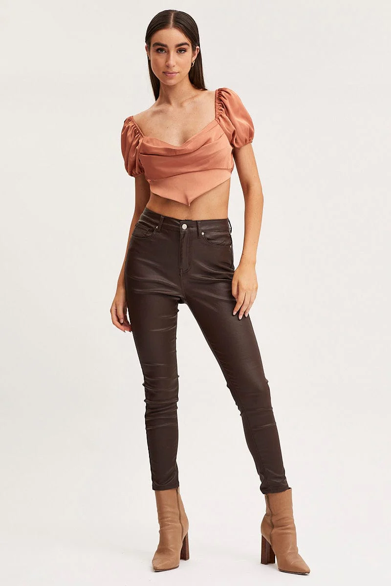 Brown Scarf Top Short Sleeve Crop