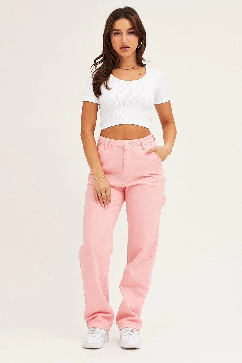 Pink Carpenter Denim Jeans High Rise