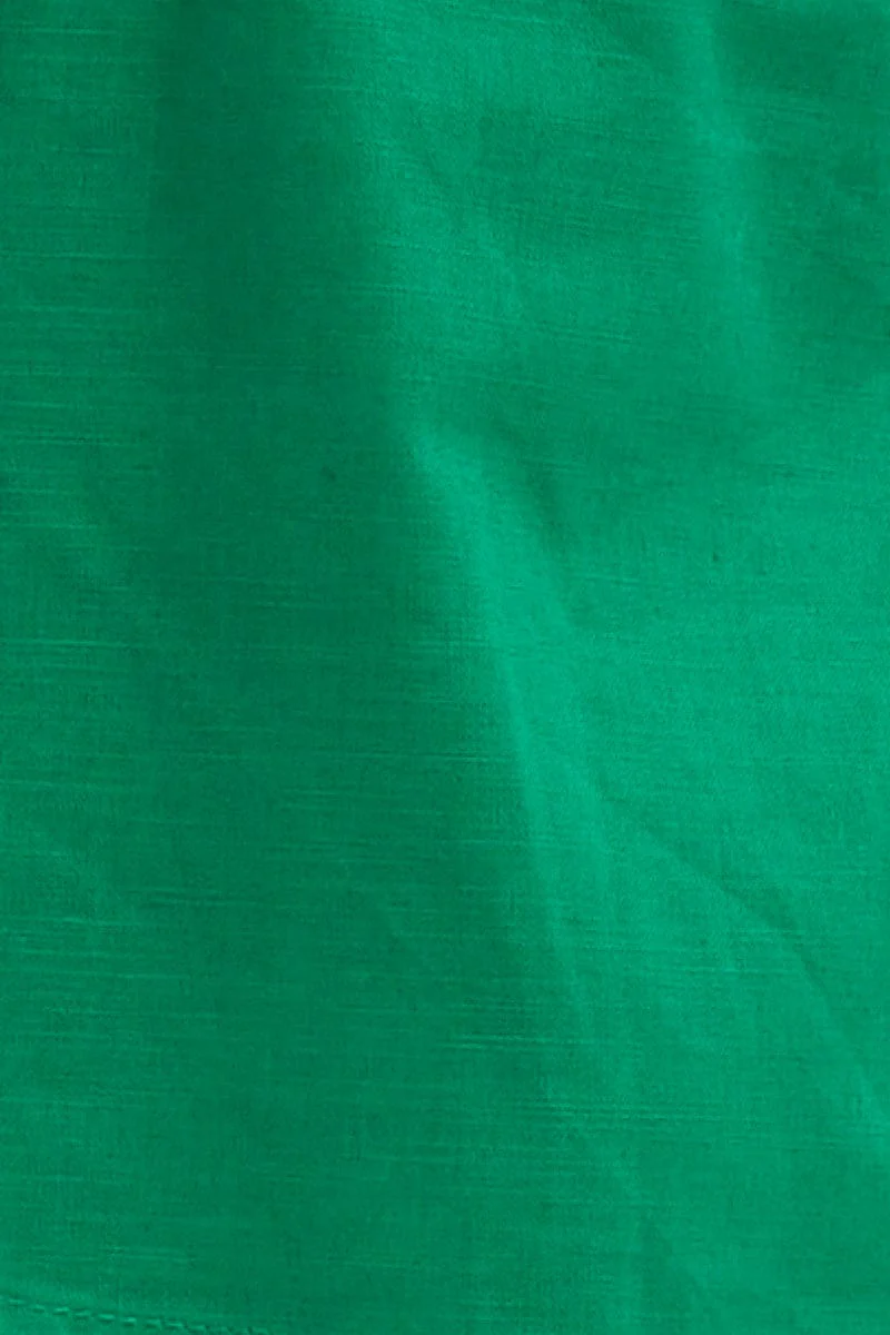 Green Cotton Linen Puff Short Sleeve Longline Top