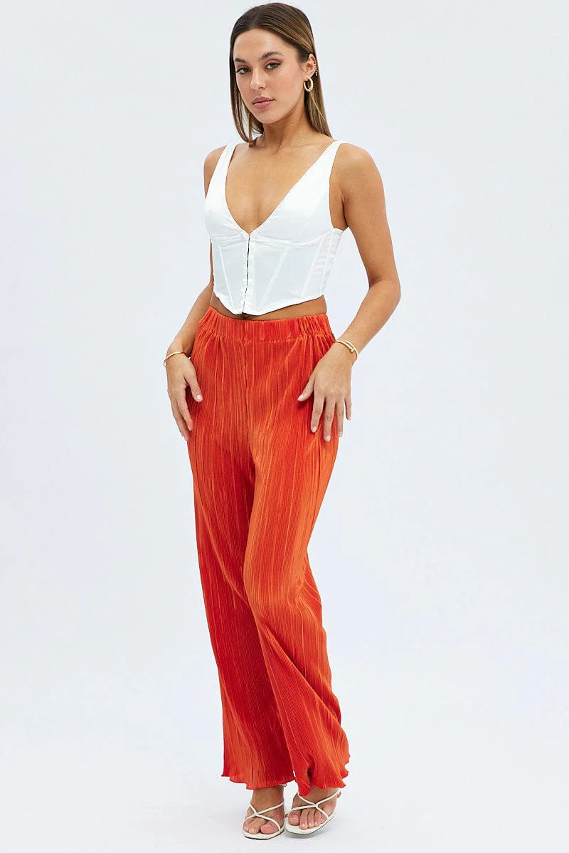 Orange Plisse Pants Wide Leg High Rise