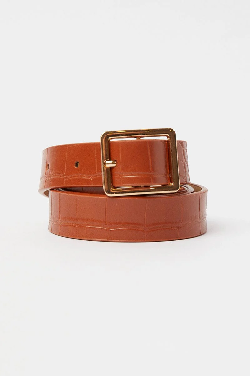 Beige Rectangle Buckle Belt in Croc