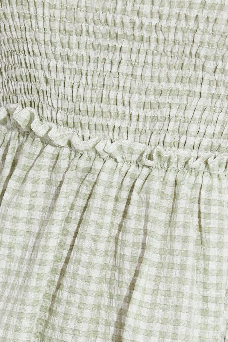 Green Check Fit And Flare Dress Short Sleeve Back Lace Up