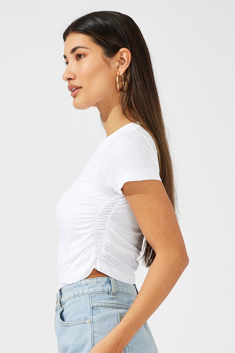 White T Shirt Short Sleeve Crew Neck Ruched Seamless
