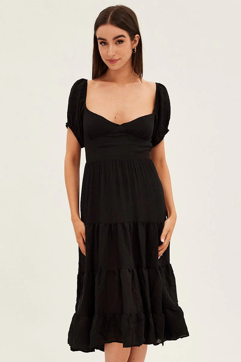 Black Midi Dress Short Sleeve V-Neck