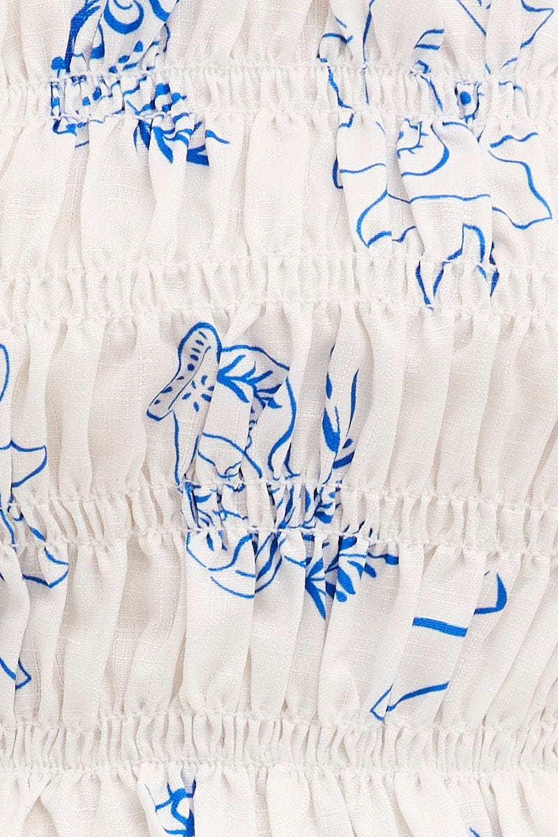 White Abstract Bandeau Top Shirred Print