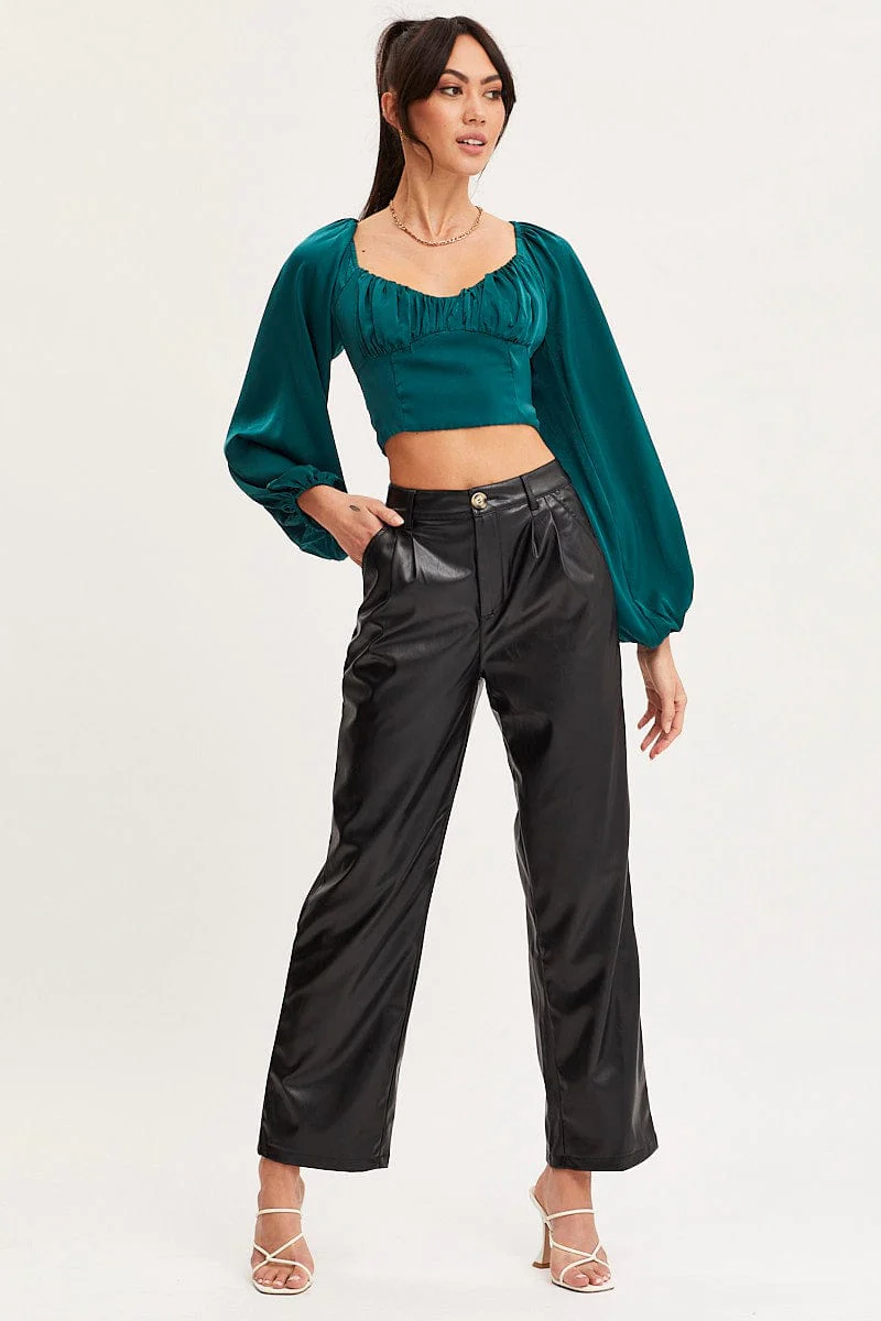Green Puff Sleeve Top Long Sleeve Crop Satin