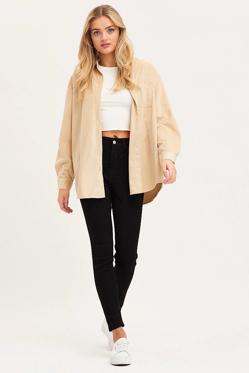 Beige Shirt Top Long Sleeve Collared Corduroy