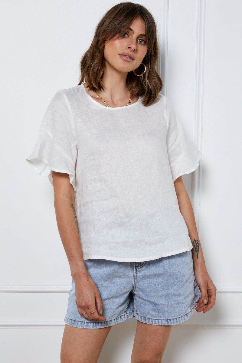White Crop Top Short Sleeve Relaxed Linen