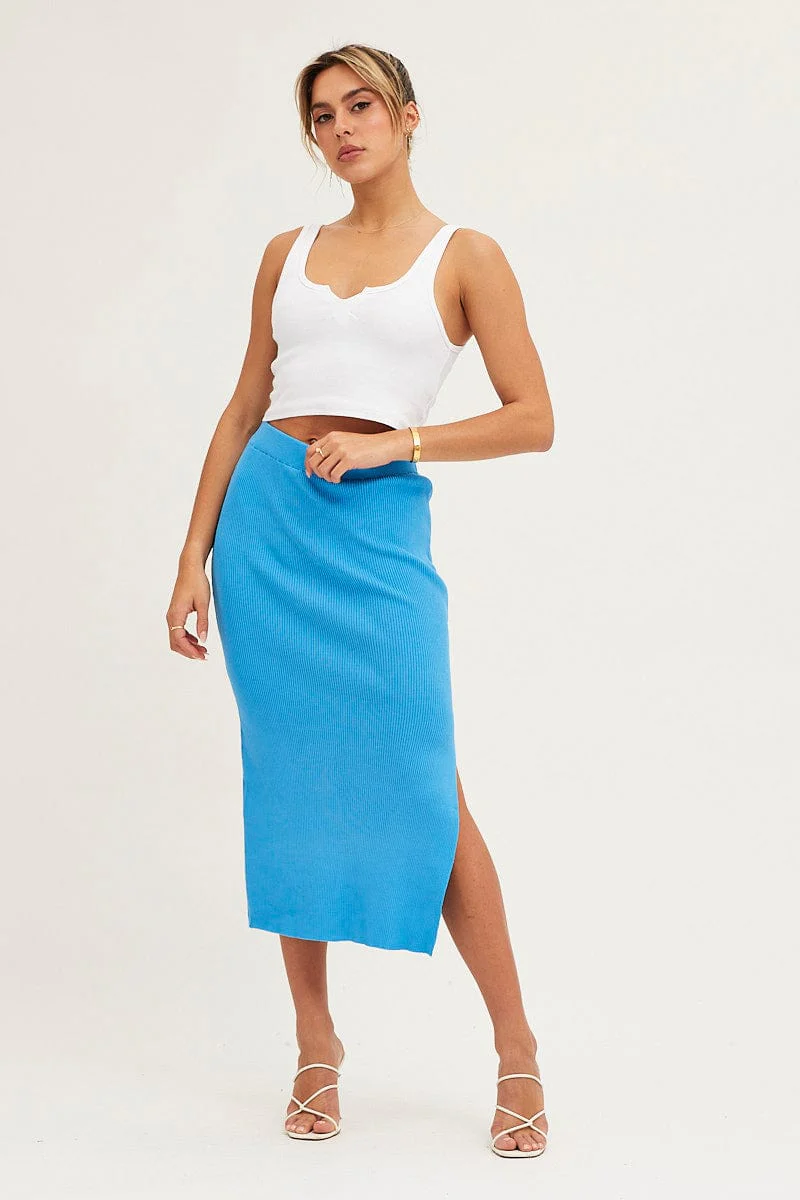 Blue Elastic Waist Side Split Knit Midi Skirt