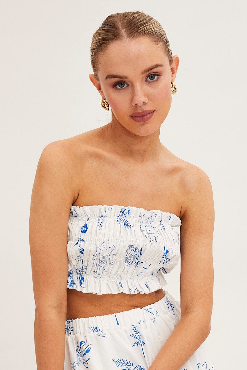 White Abstract Bandeau Top Shirred Print