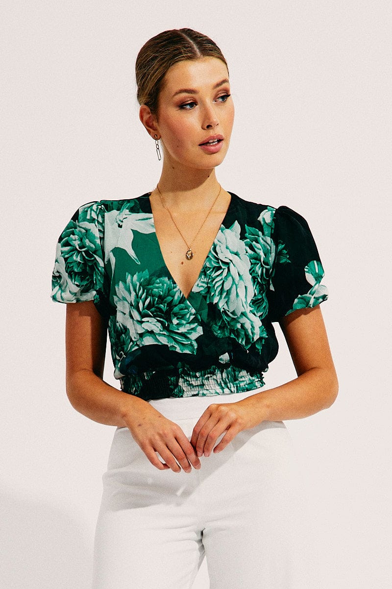 Floral Print Short Sleeve Floral Print V-Neck Crop Top