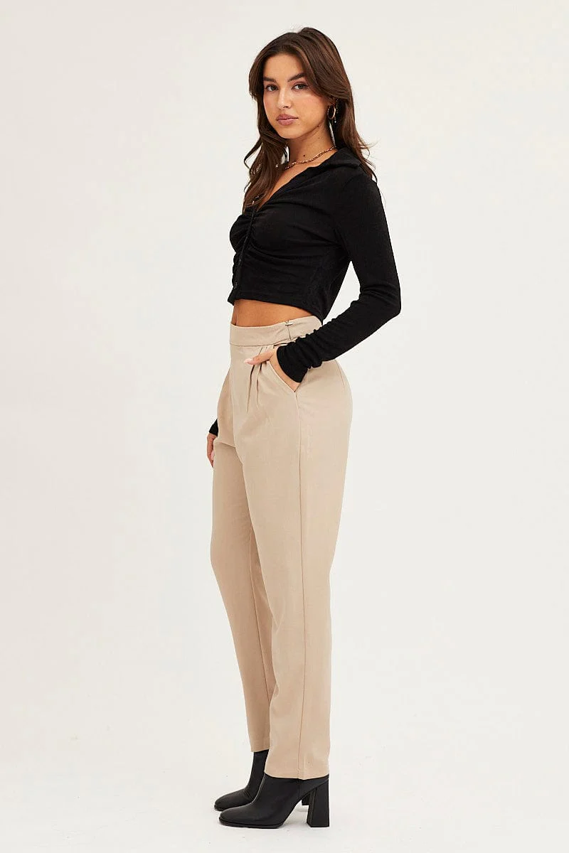Brown Cropped Pants High Waist Workwear