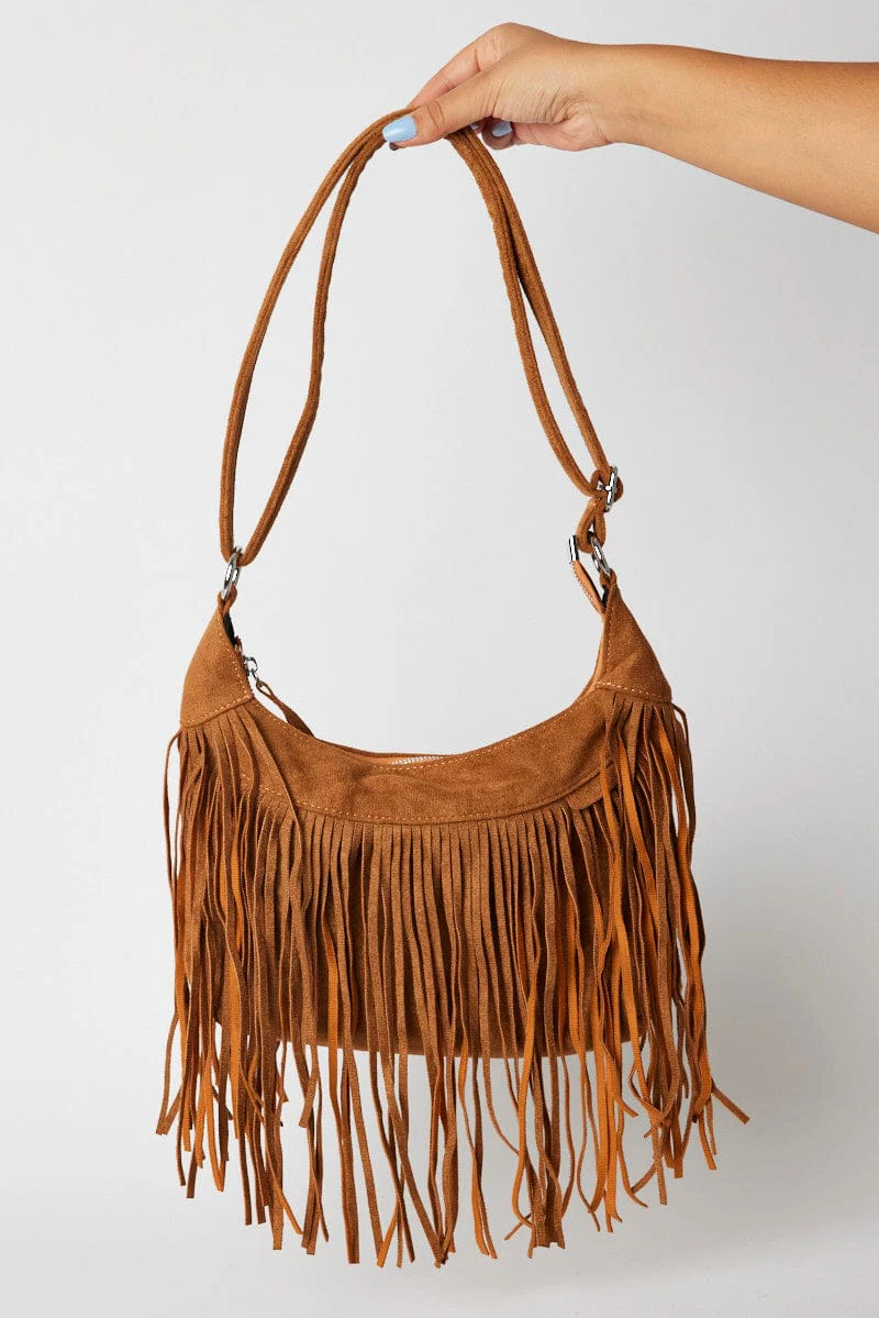 Brown Suede Fringe Crossbody Bag