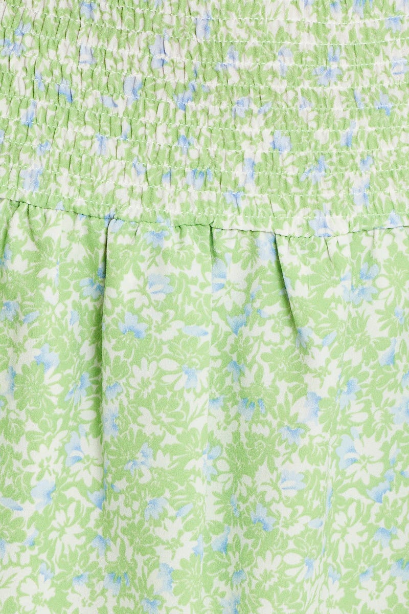 Print Shirred Waist Skater Skirt