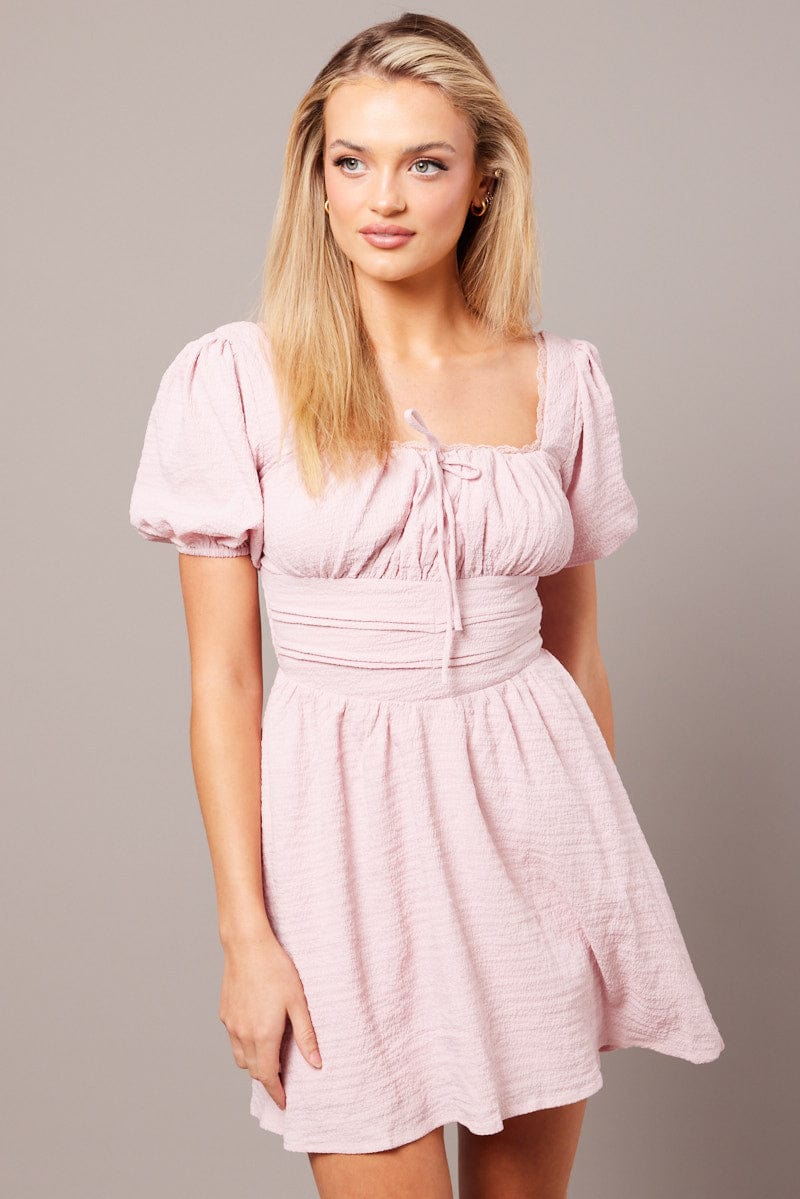 Pink Fit And Flare Dress Puff Sleeve