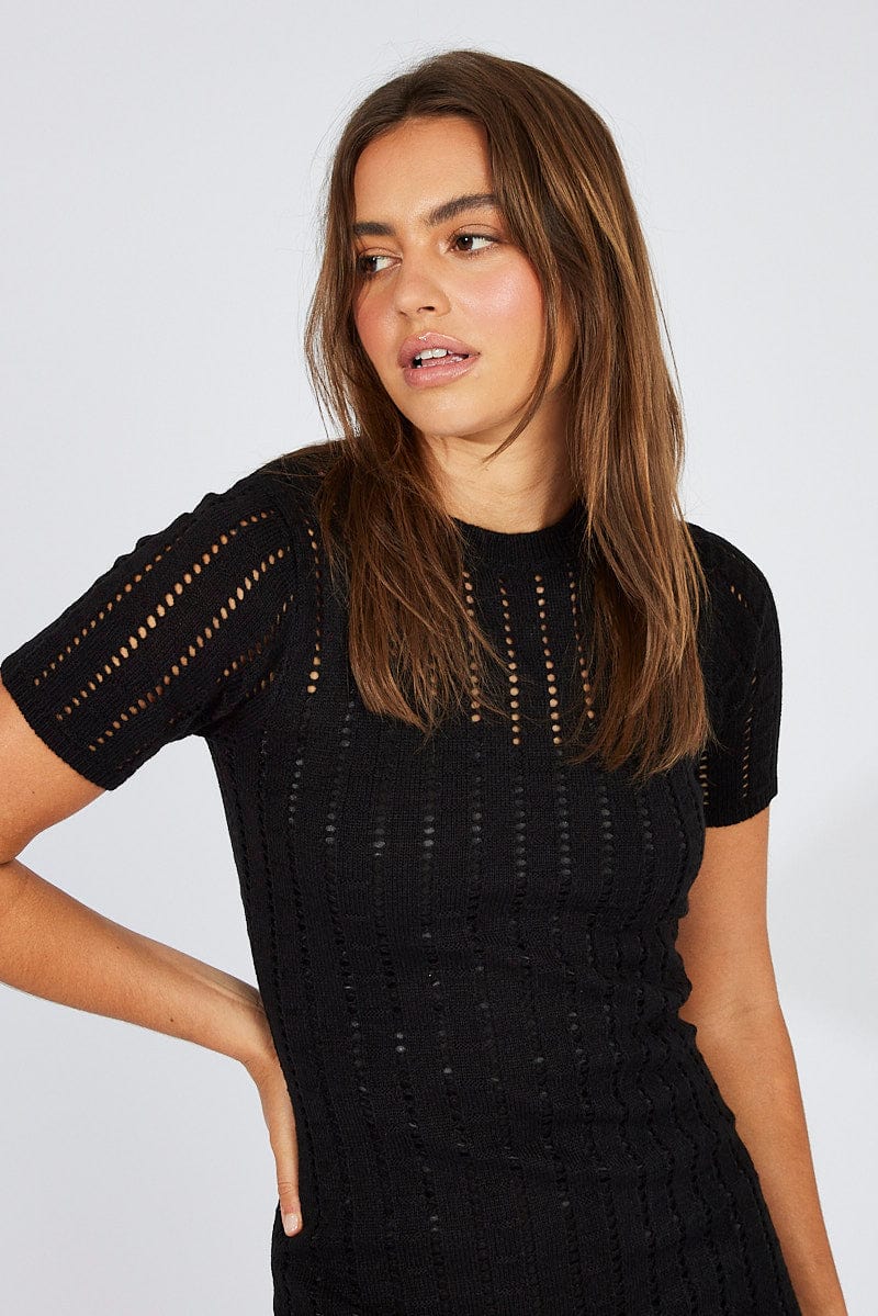 Black Knit Maxi Dress Crochet Short Sleeve