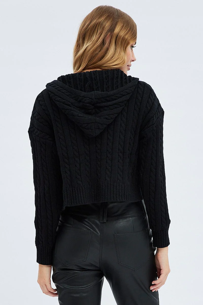Black Cable Knit Cardigan Hooded