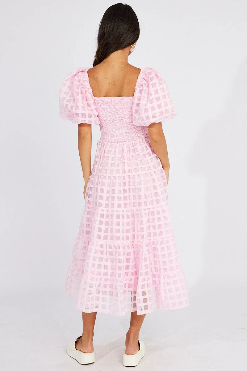 Pink Midi Dress shirred Bust Puff Sleeve