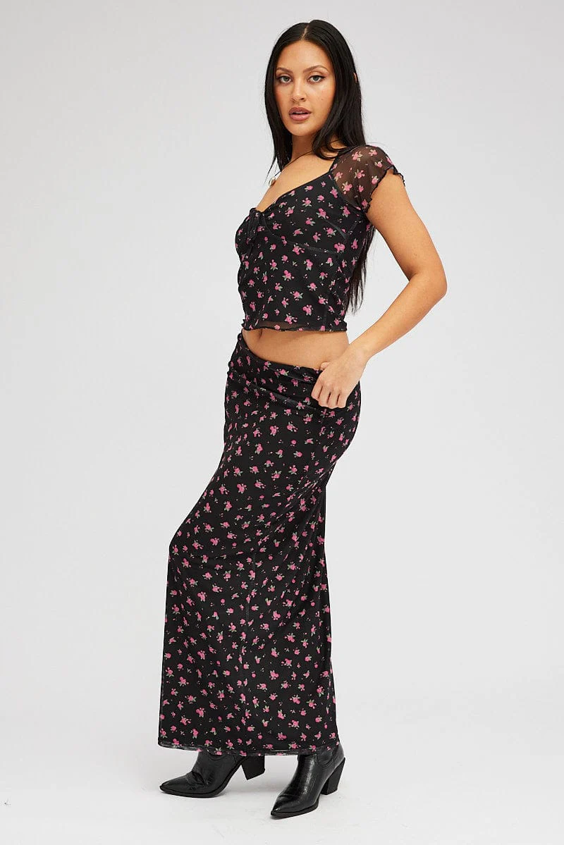 Black Floral Maxi Skirt Pencil High Rise Mesh