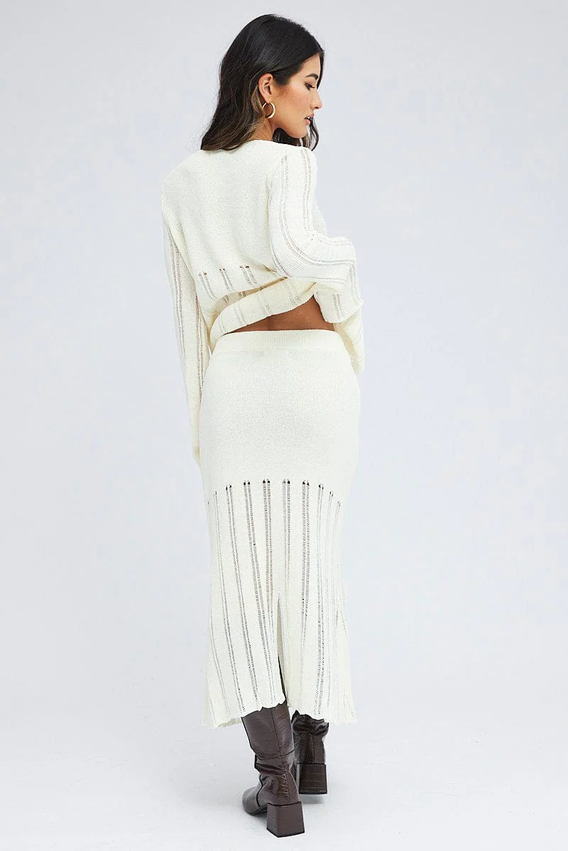 White Midi Skirt High Waisted A-line Ladder Knit