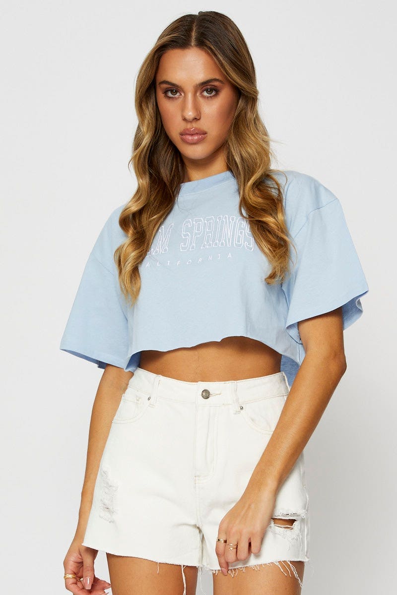 Blue Graphic T Shirt Short Sleeve Crop