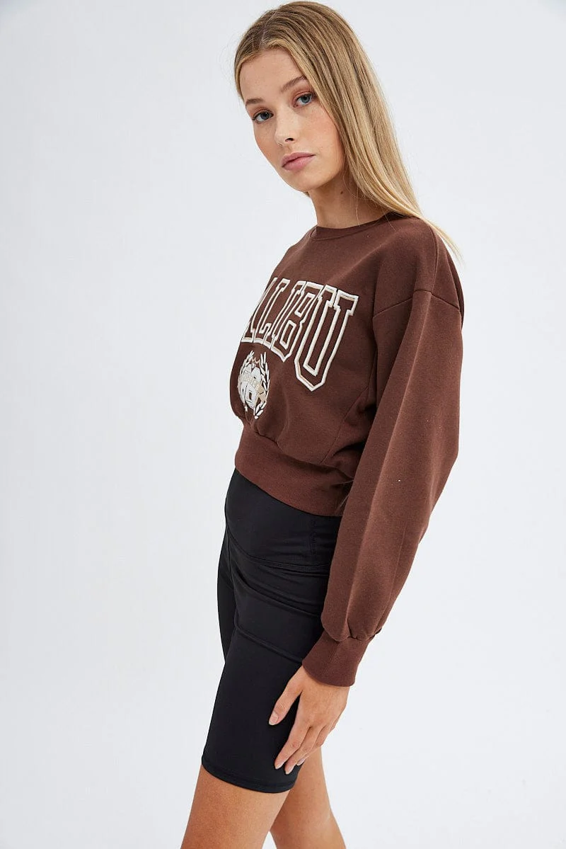 Brown Sweater Round Neck Long Sleeve Embroidery