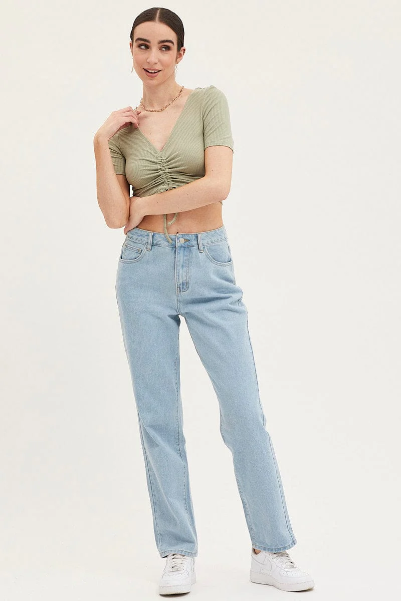 Green Ruched Top Short Sleeve Ribbed