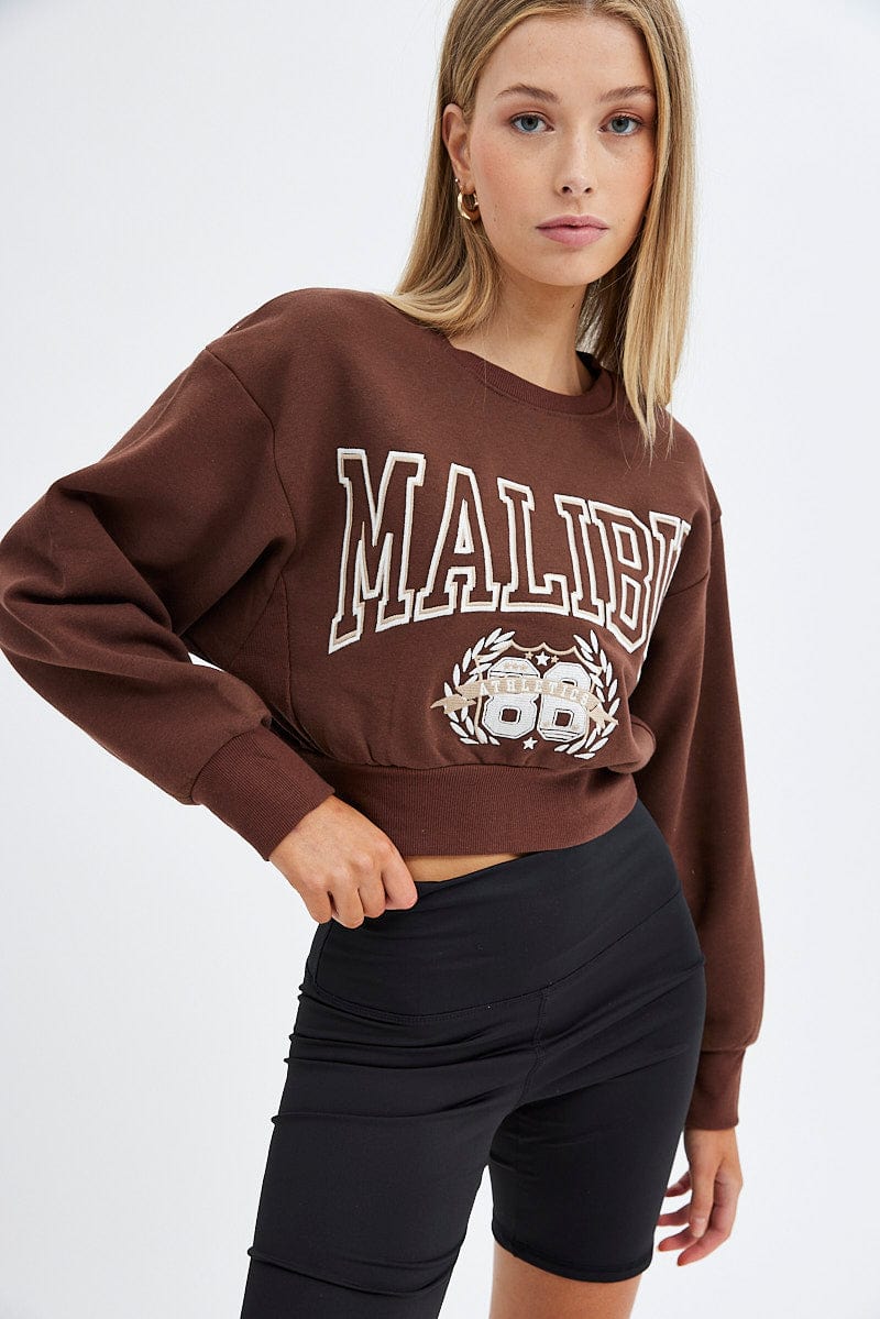 Brown Sweater Round Neck Long Sleeve Embroidery