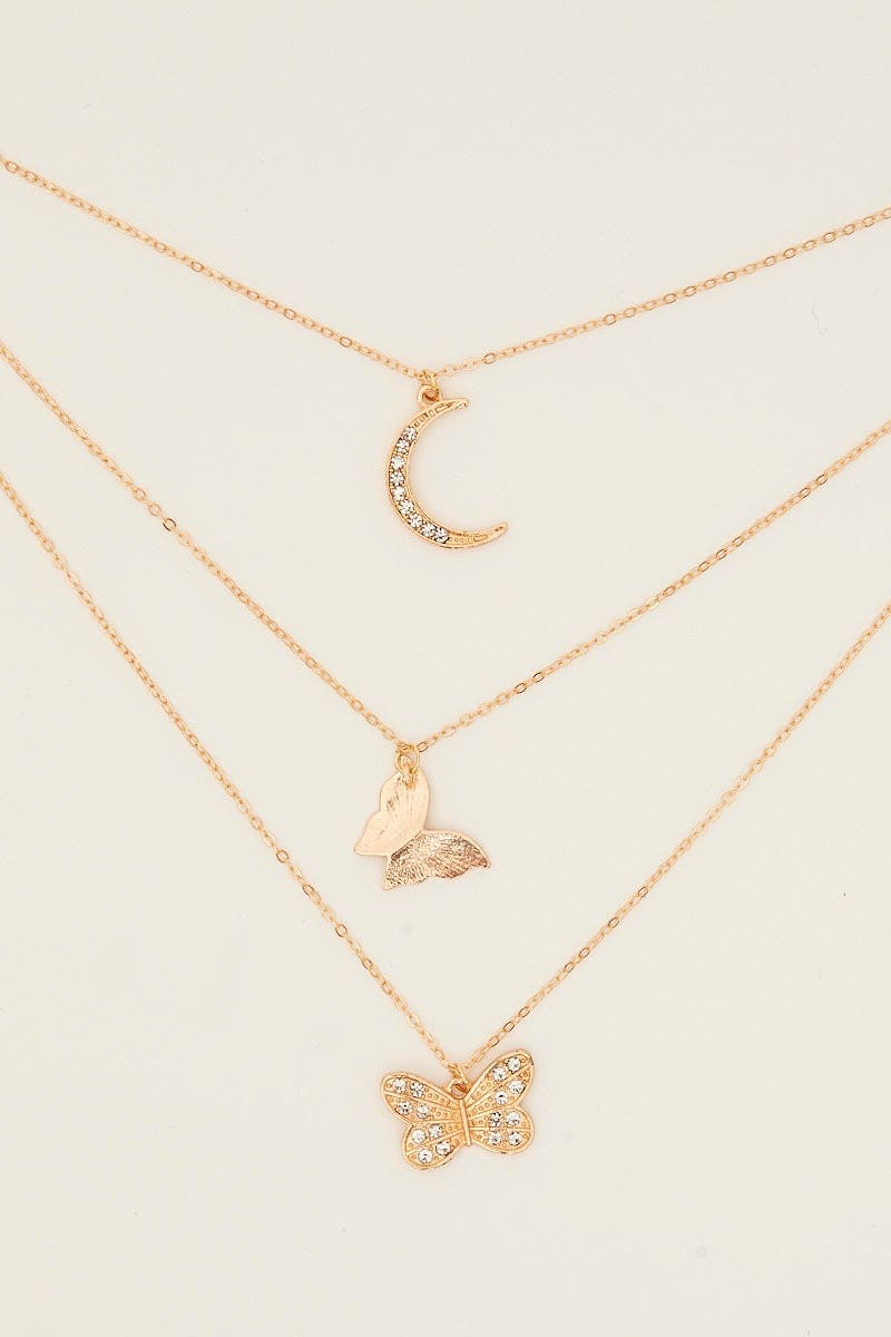 Gold Butterfly And Moon Pendent Layered Necklace