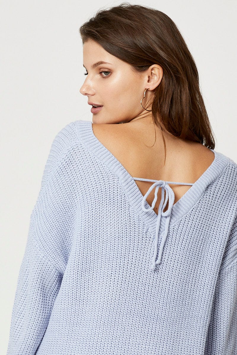 Blue V Neck Tie Back Knit