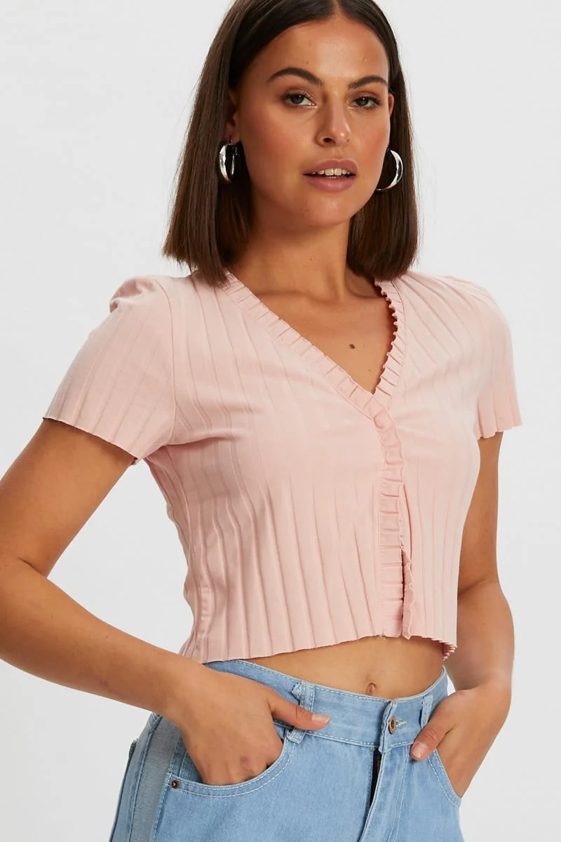 Pink Ribbed Open Front Top