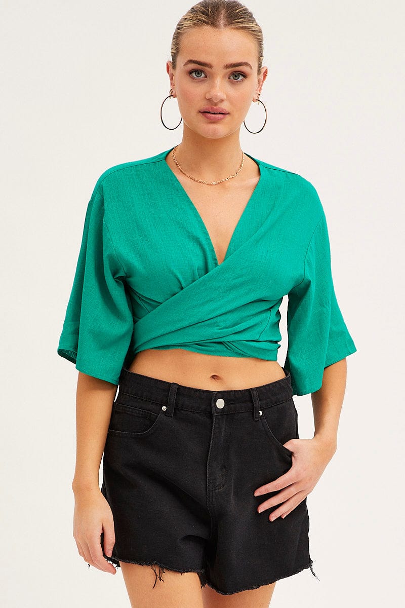 Green Tie Bolero Short Sleeve Linen Blend