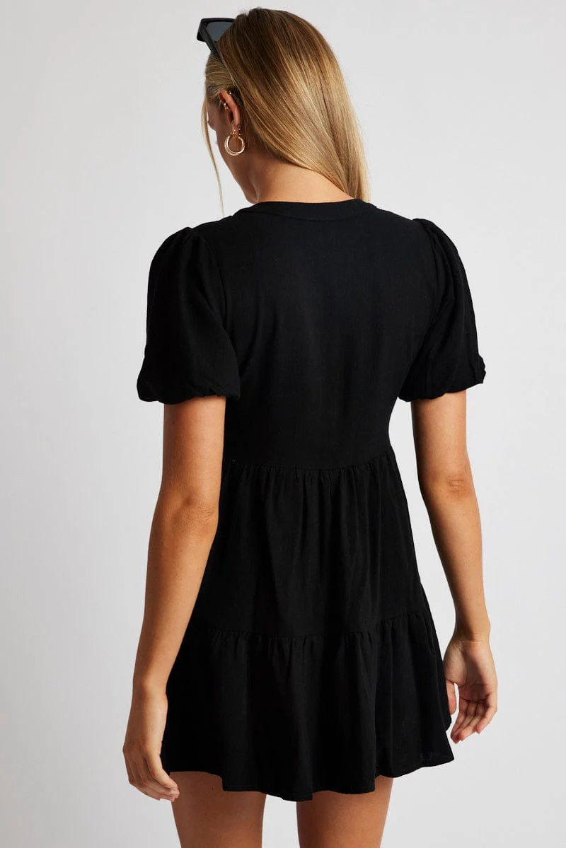 Black Button Through Mini Dress Collar Linen Blend