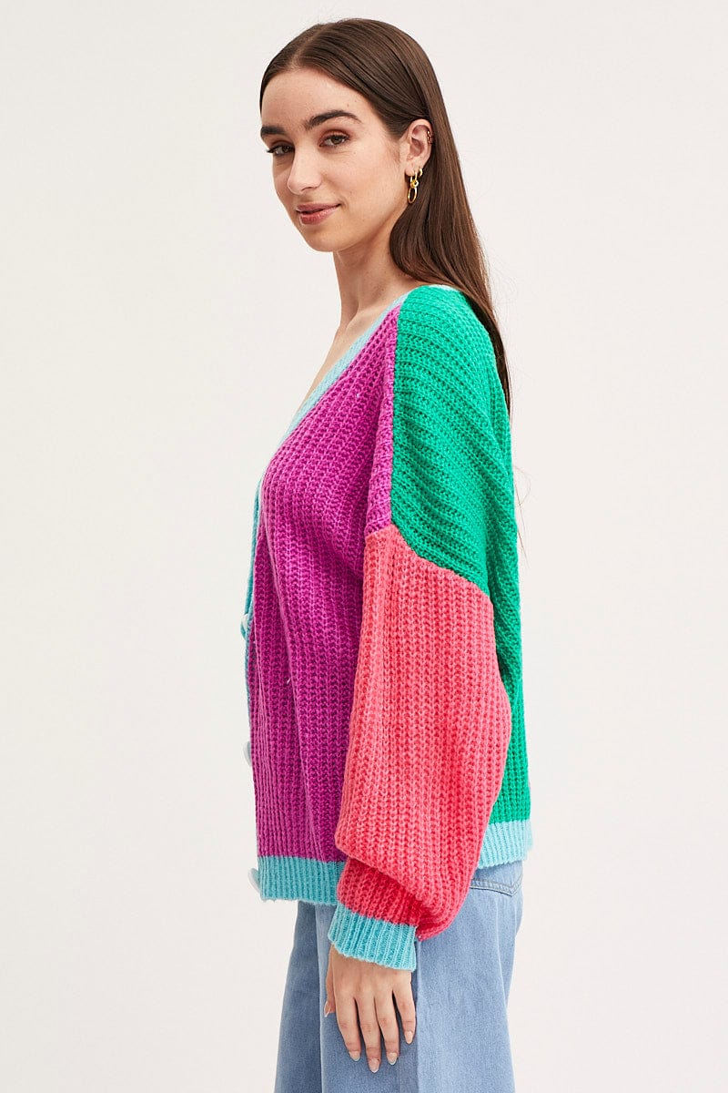 Multi Knit Cardigan Long Sleeve Relaxed Colour Block
