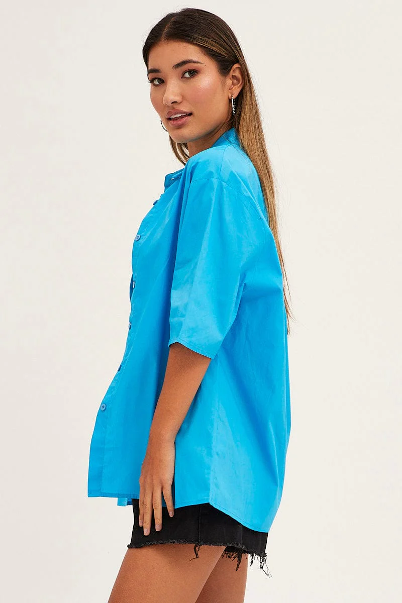 Blue Relaxed Fit Shirt Short Sleeve Collared Longline
