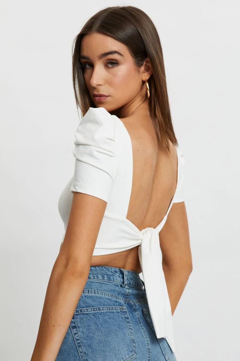 White Puff Sleeve Tie Back Top