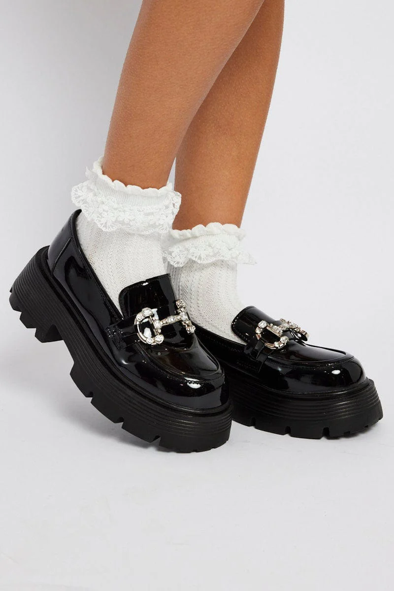 Black Rhinestone Detail Chunky Sole Loafers