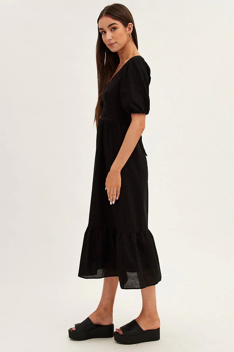 Black Maxi Dress V-Neck Short Sleeve Cotton Blend