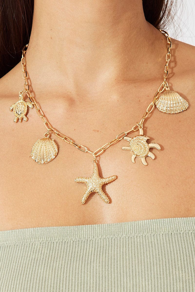 Gold Starfish And Shell Necklace