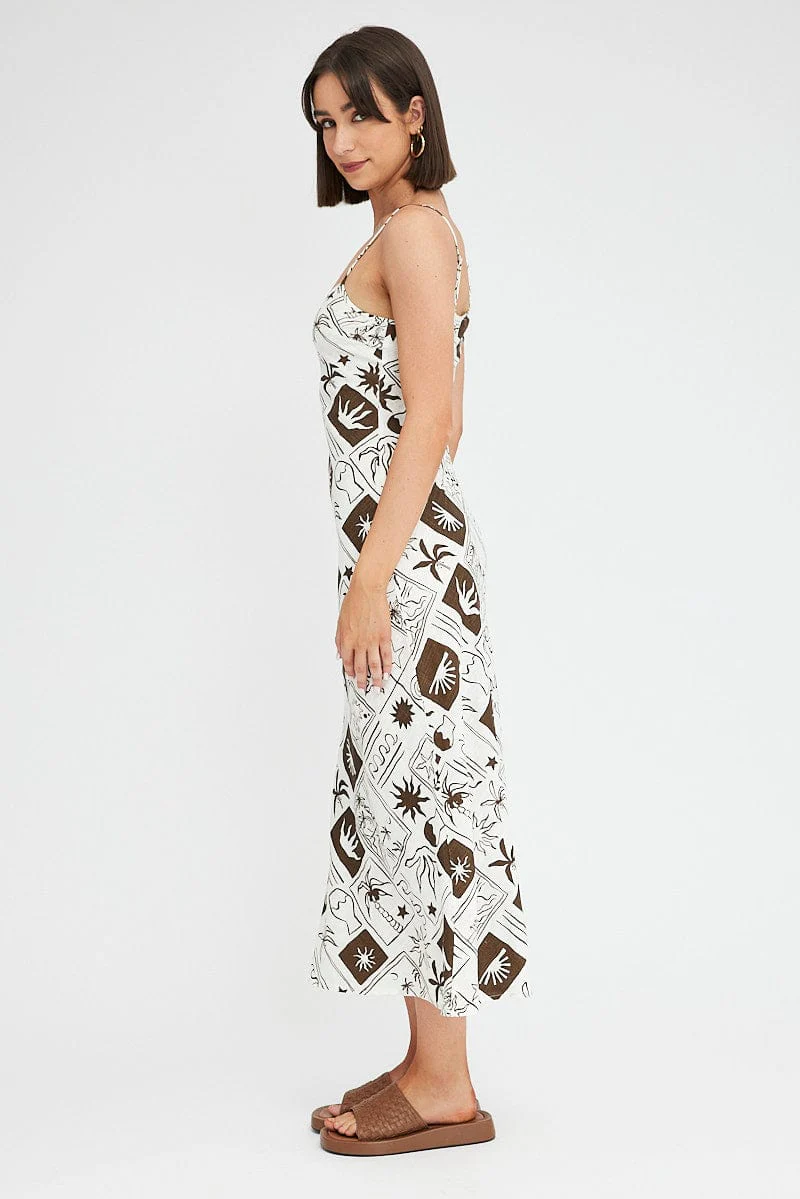 Brown Abstract Maxi Dress Bias Cut Linen Blend