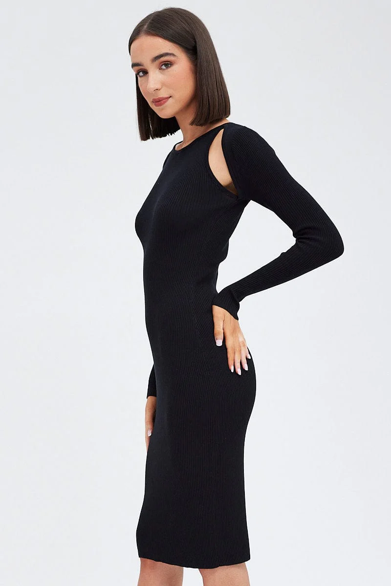 Black Midi Dress Long Sleeve  Keyhole Bodycon Rib Knit