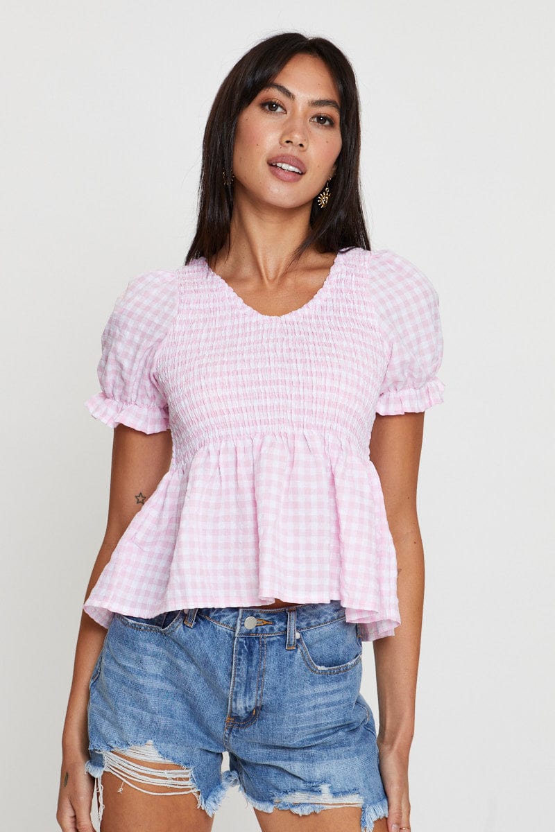 Check Puff Sleeve Top Short Sleeve