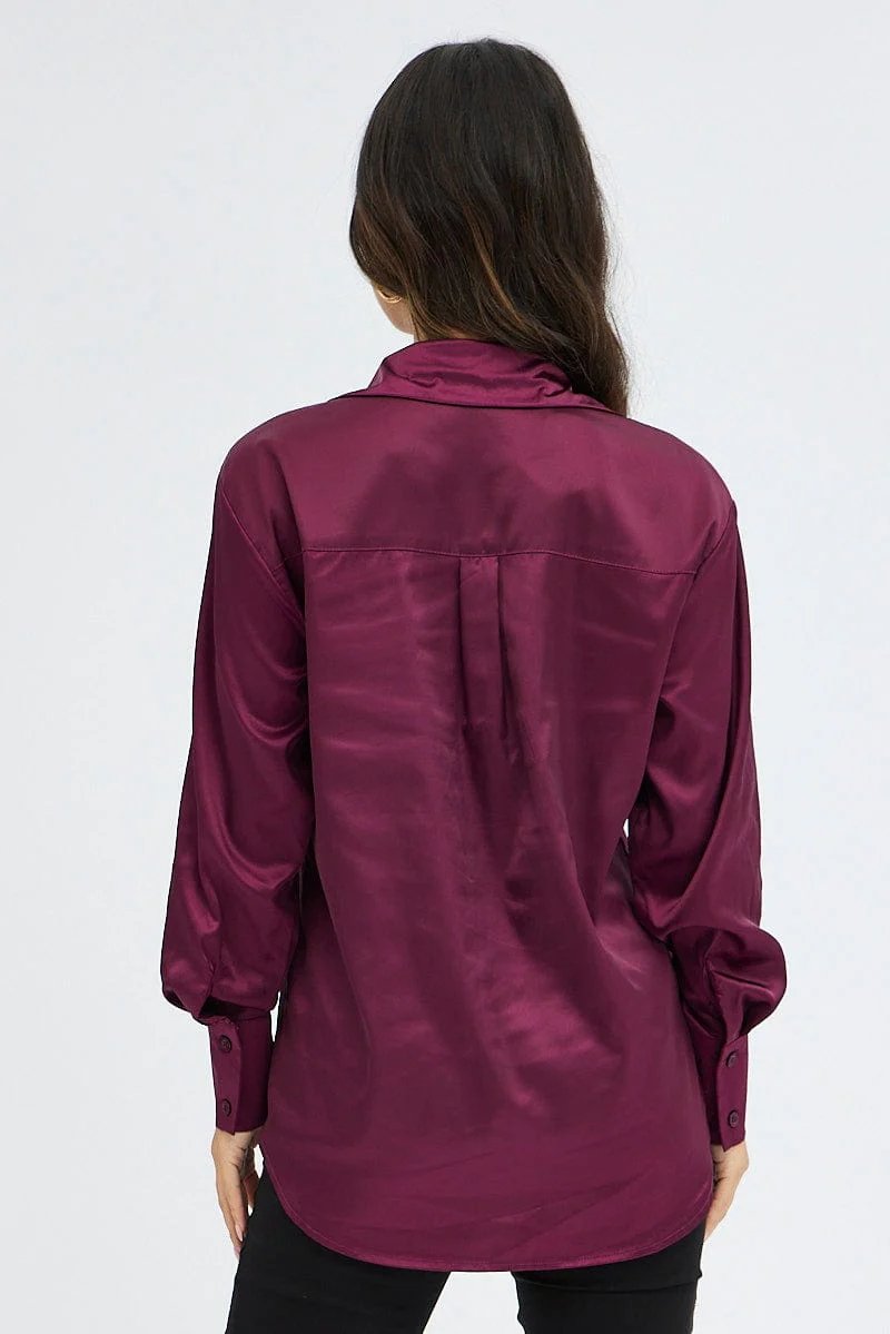 Purple Satin Shirt Long Sleeve Collared Neck