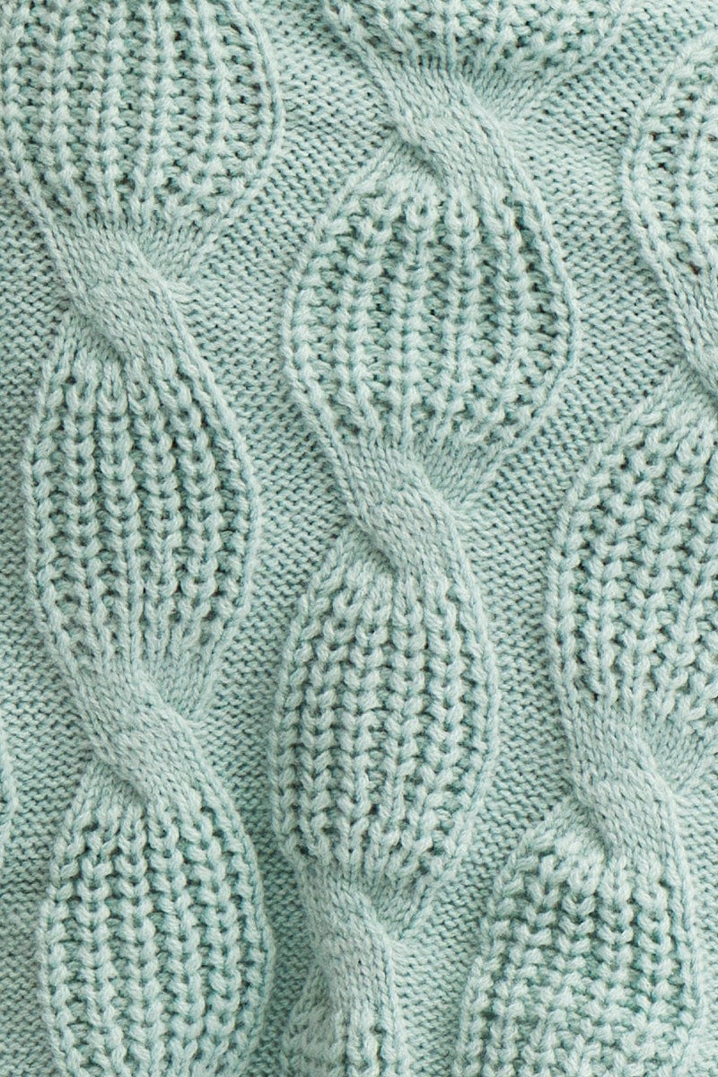 Green Knit Cardigan Long Sleeve V-Neck Cable