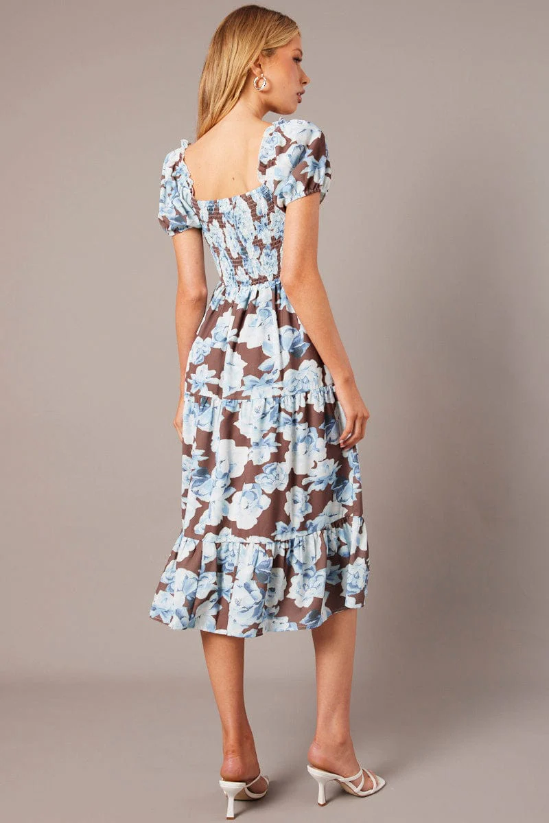 Multi Floral Maxi Dress Puff Sleeve