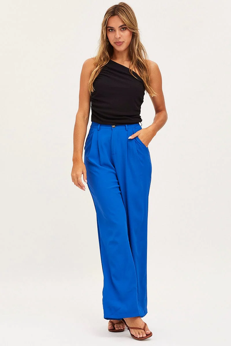 Blue Wide Leg Pants High Rise