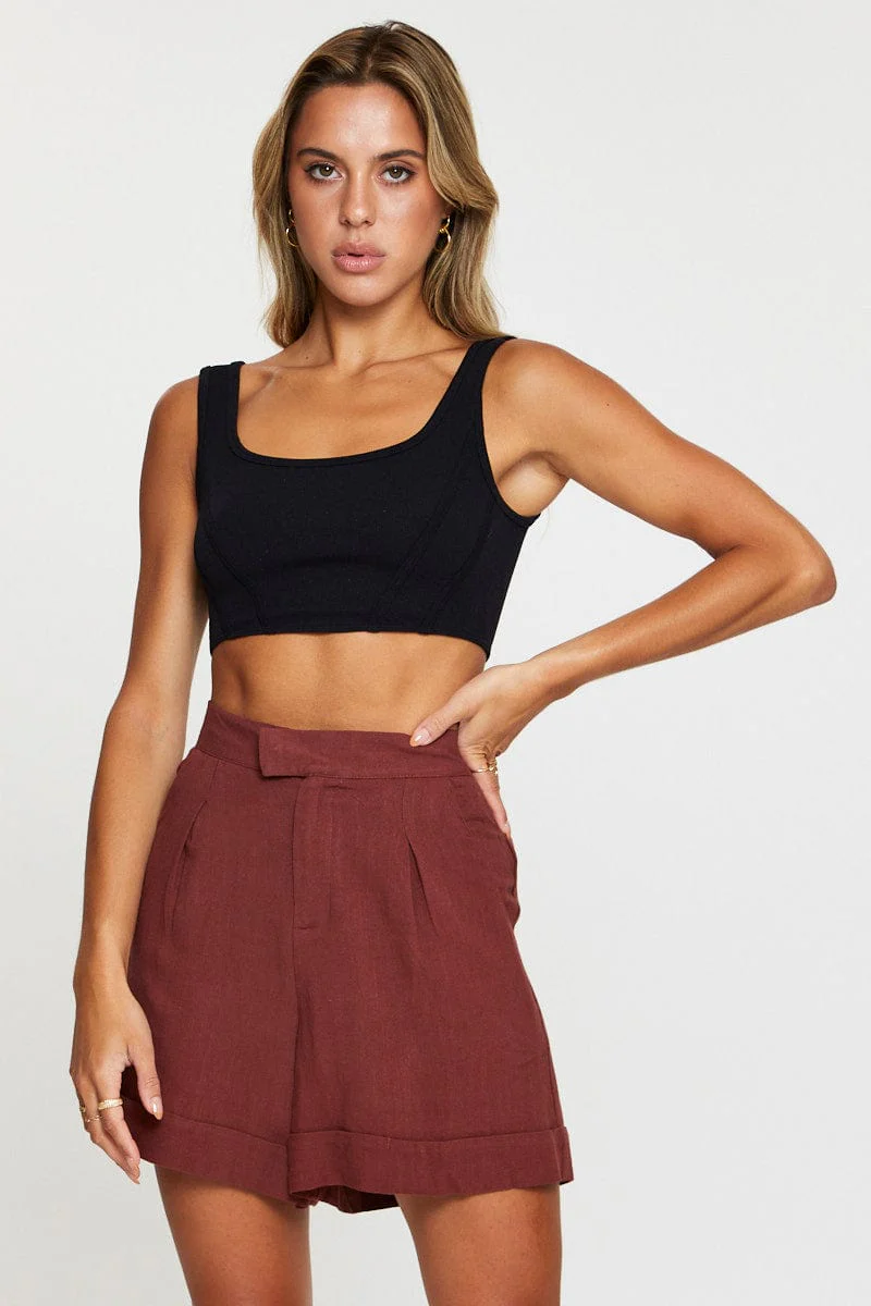 Brown Mini Shorts High Rise Linen Blend